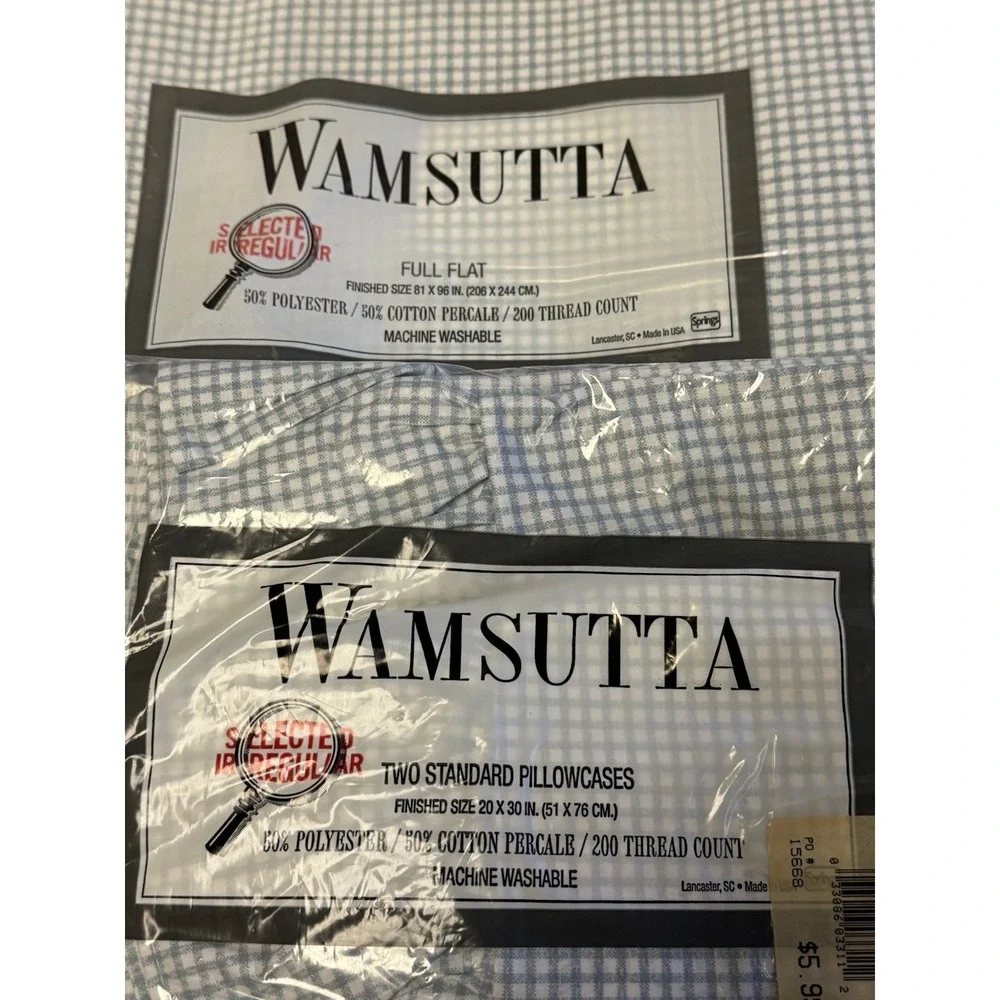 VTG Wamsutta Supercale Plus Full Flat Sheet 2 Pillowcases BLUE Gingham Sealed